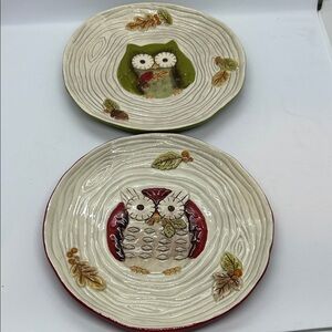 Grasslands Road OWL PLATES Woodgrain Tree Stump Leaves Set of 2 NEW WITH TAG